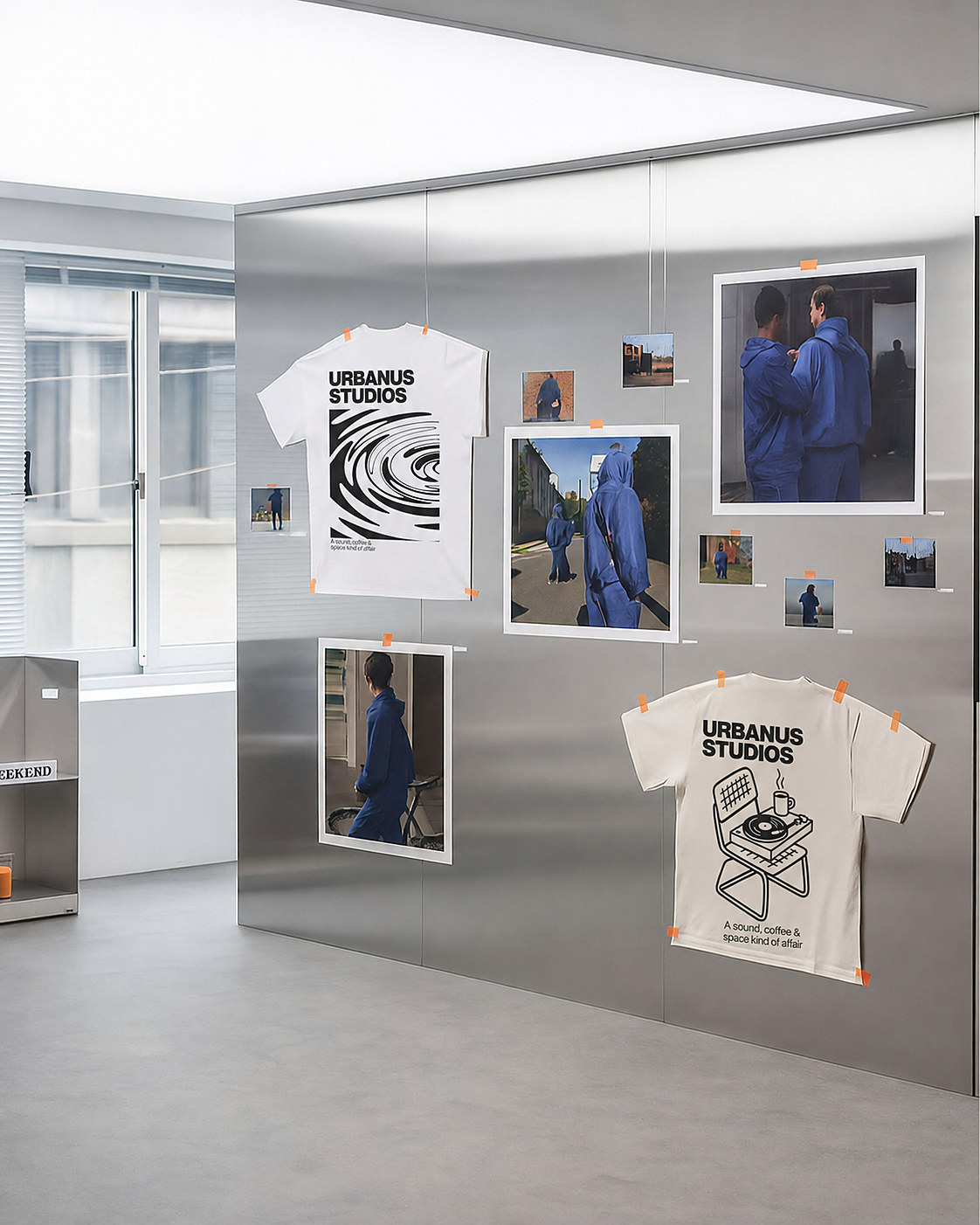 Urbanus Studios tees and lookbook photos hung on a brushed-steel wall in a white studio